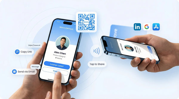 Multiple different digital business card sharing options, like QR code, NFC cards, Apple Wallet.