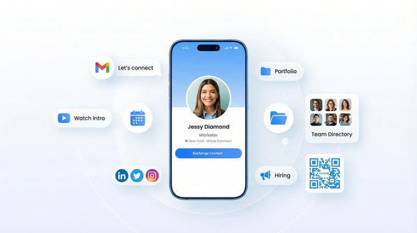 Wave digital business cards with multiple ways of sharing and icons surrounding the profile.