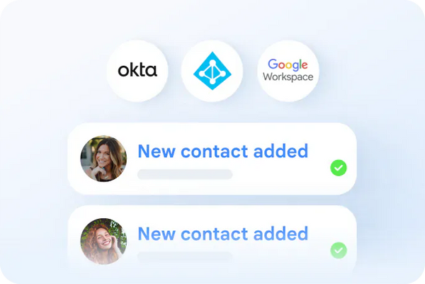 Notification of new contacts added to Okta and Google Workspace on a light blue background