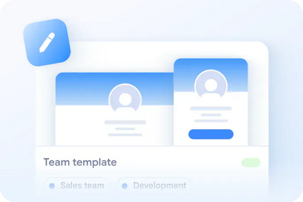 Team template with two profile cards labeled 'Sales team' and 'Development' on a light blue background.