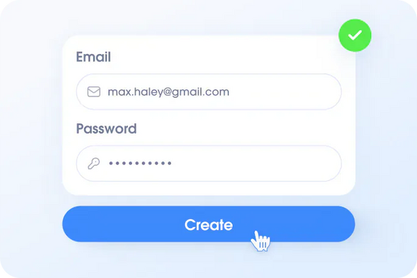 Password creation interface with email and password fields on a light blue background