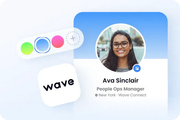 Profile card of Ava Sinclair, People Ops Manager at Wave, with a photo and contact information on a light blue background.